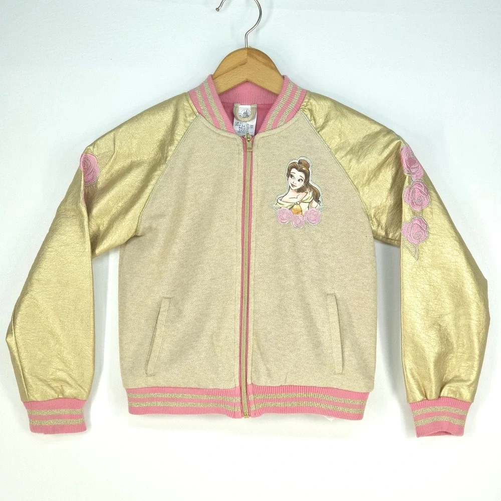 Disney Belle Gold Sleeve Bomber Jacket Girls 7/8 Floral Embroidery Princess Cute